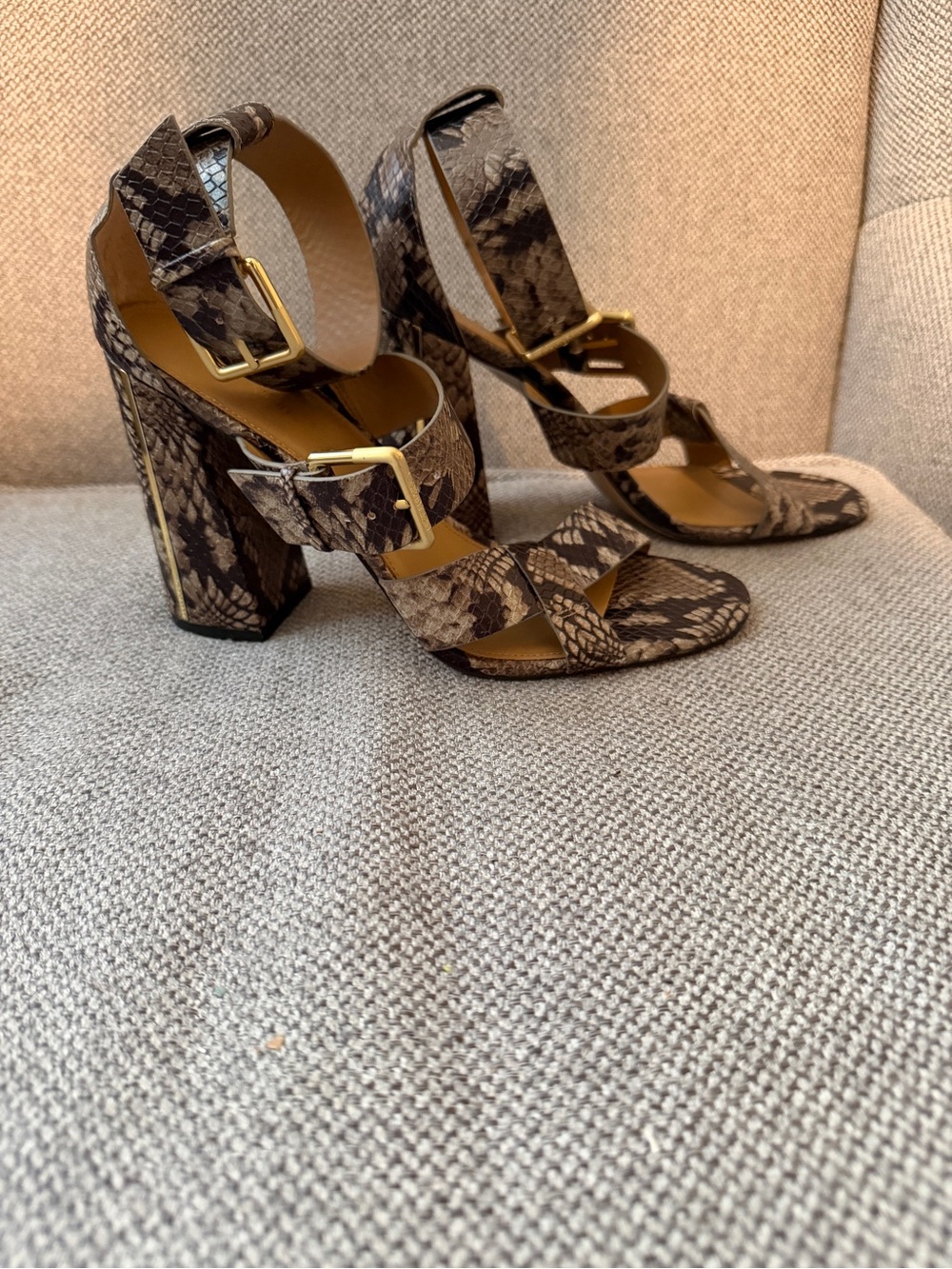 Calvin Klein Snake-Print Ankle-Strap Heels - Brown/Black - Picture 2 of 7